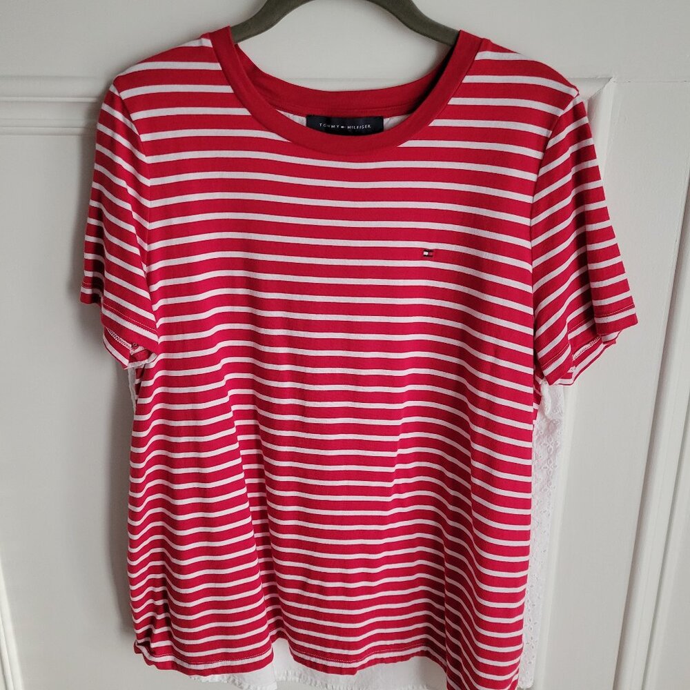 Tommy Hilfiger Womens  Medium Back Tee Scarlet Red White Stripe